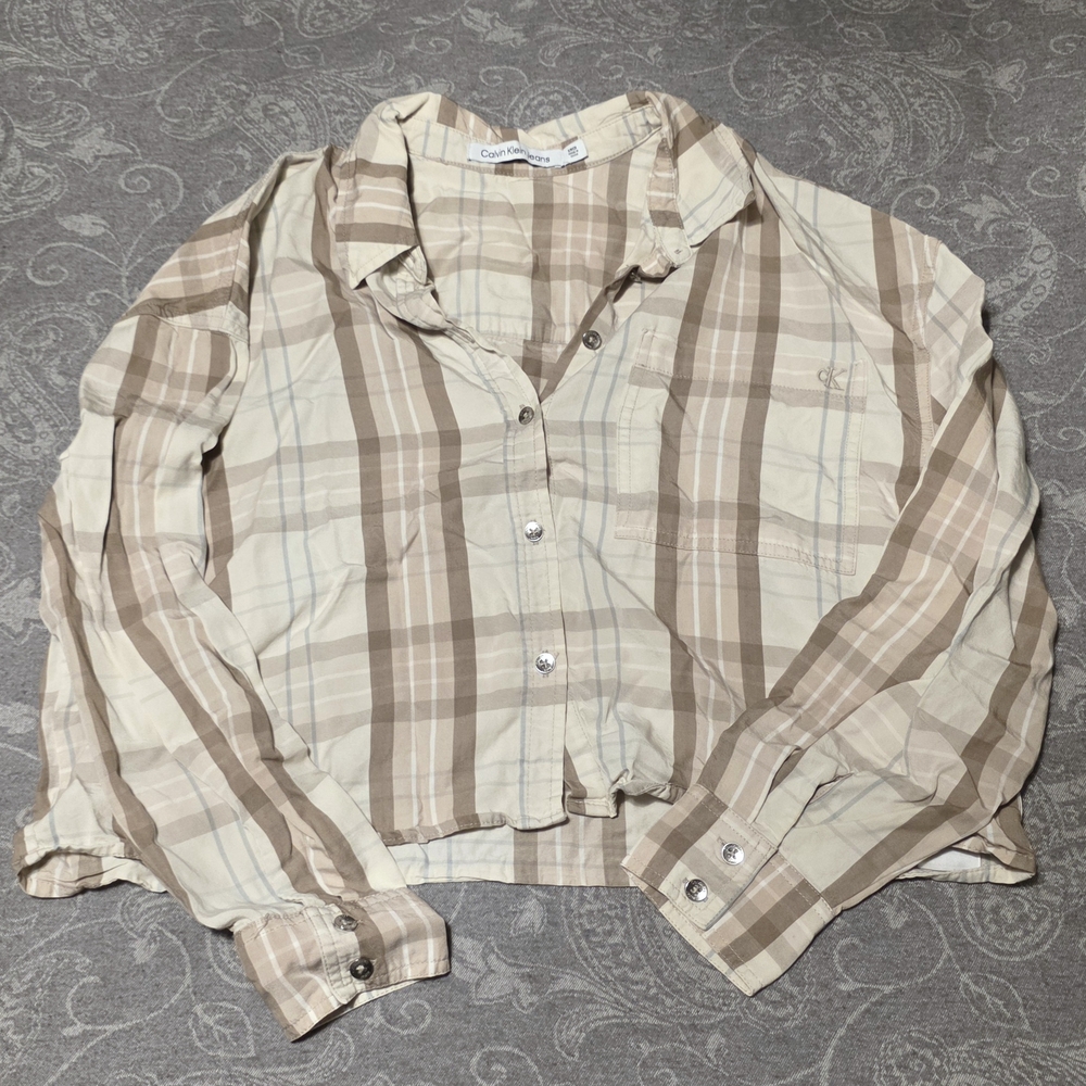 Calvin Klein Plaid Cropped Button Down (Size S)